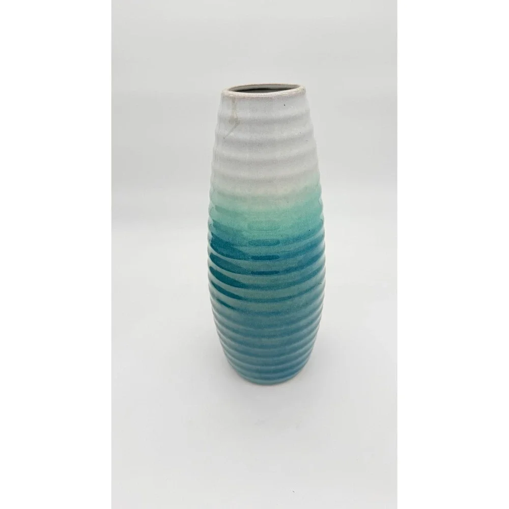 Pre-owned Apropos Home Collection Ceramic Vase Aqua Ribbed 11.5 Inch Tall